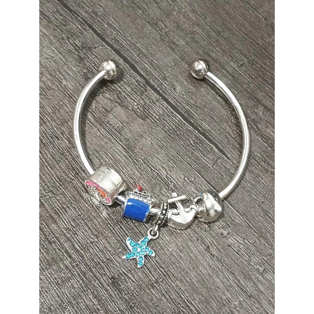 Cruise Charm Ship Starfish Palm Tree Dolphin Anchor Silver Tone Cuff Bracelet
